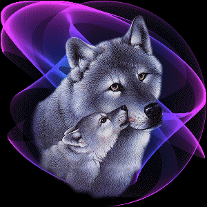 Beautiful multi colored swirls behind a wolf   her cub