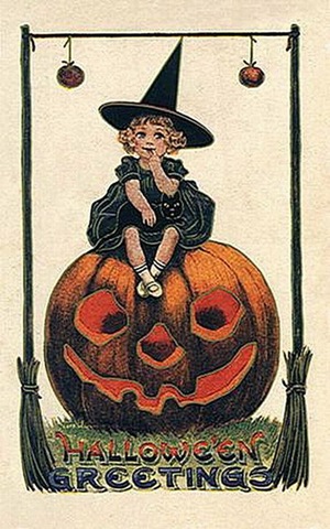 Vintage halloween little girl witch pumpkin black cat card1