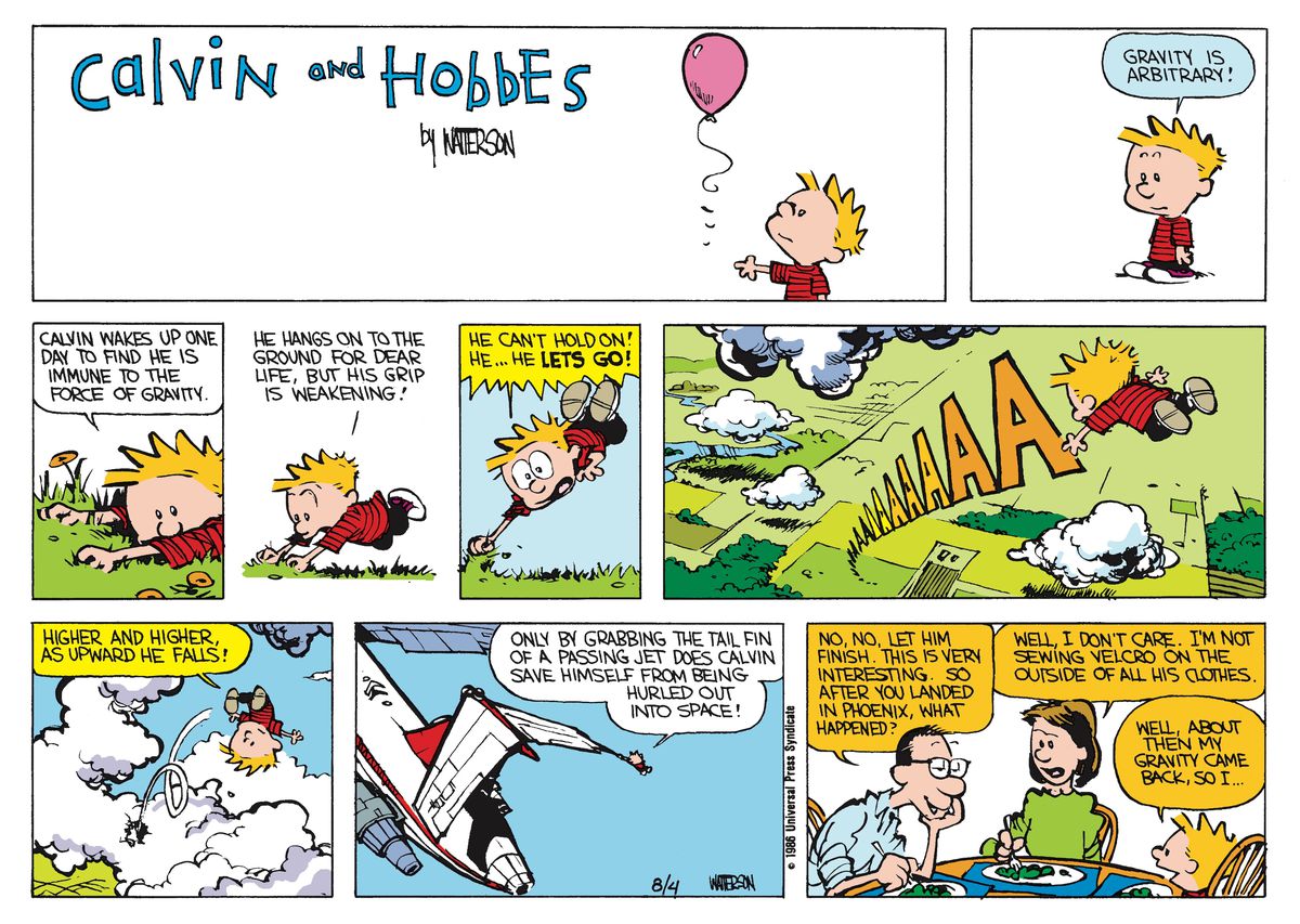 Calvin hobbes gravity grabbing plane comic strip