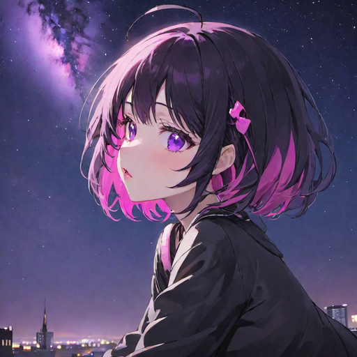 Anime girl pretty portrait black and pink hair pink lips purple eyes sitting against the night sky