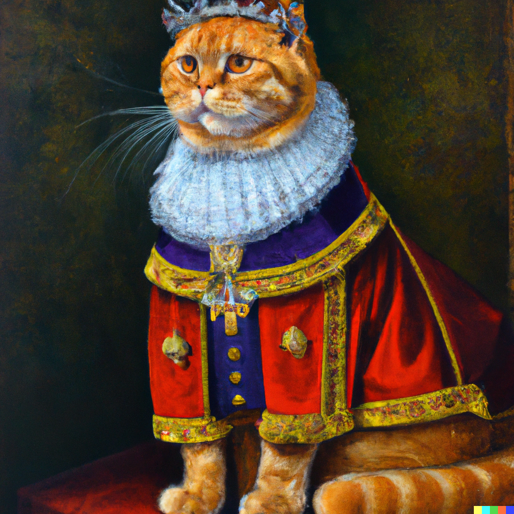 Dall e 2022 09 17 10.44.57   an oil portrait of garfield wearing royal regalia